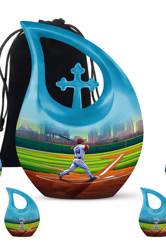 Sage Green Baseball Cremation Urn urn with complimentary velvet bag - cross and baseball combined in spiritual memorial design - memorial set with one large and four small urns