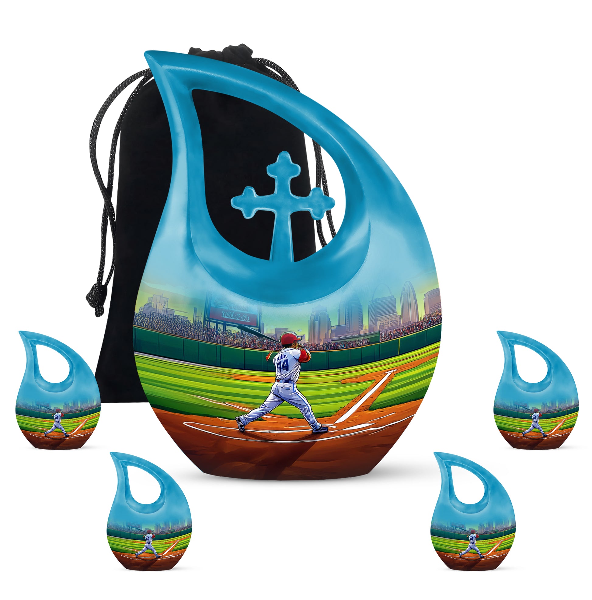 Sage Green Baseball Cremation Urn urn with complimentary velvet bag - cross and baseball combined in spiritual memorial design - memorial set with one large and four small urns