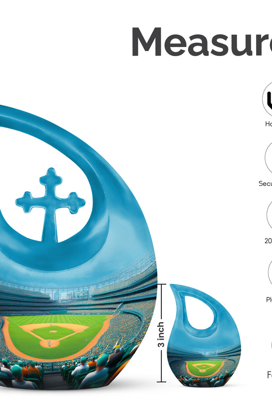 Twilight Blue Baseball Cremation Urn back view with polished surface - faith-inspired cross-drop urn with baseball pattern - mini keepsake memorial for portion of cremation ashes