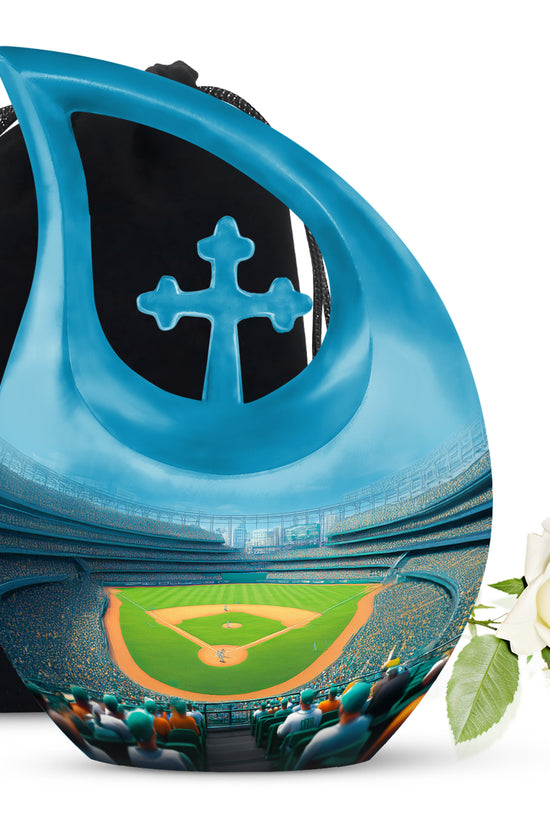 Slate Blue Baseball Cremation Urn top-down view of secure threaded lid - sacred cross merged with baseball motif on metal - full-size 10 inch 200 cubic inch adult cremation urn