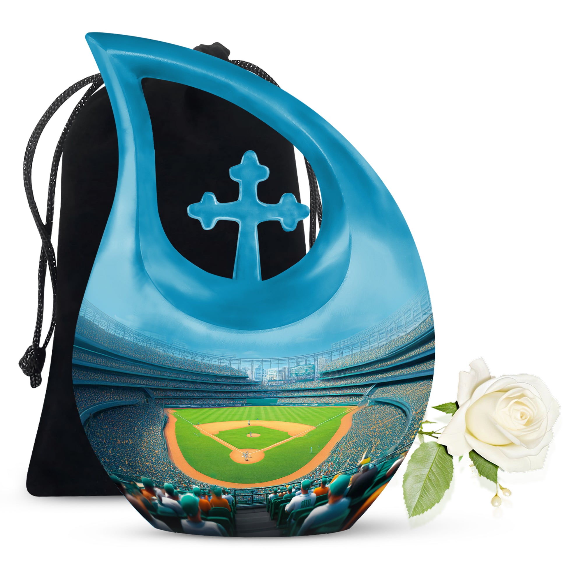 Slate Blue Baseball Cremation Urn top-down view of secure threaded lid - sacred cross merged with baseball motif on metal - full-size 10 inch 200 cubic inch adult cremation urn