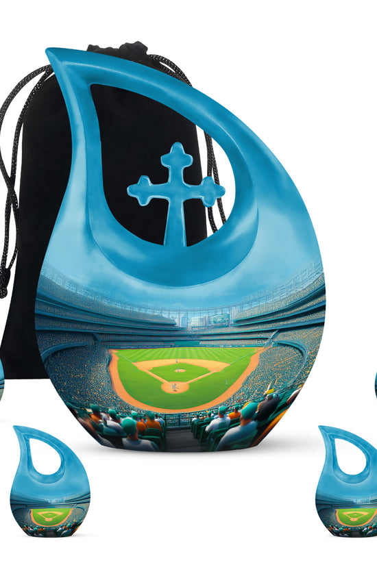 Icy Blue Baseball Cremation Urn urn with complimentary velvet bag - cross and baseball combined in spiritual memorial design - memorial set with one large and four small urns