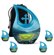 Icy Blue Baseball Cremation Urn urn with complimentary velvet bag - cross and baseball combined in spiritual memorial design - memorial set with one large and four small urns