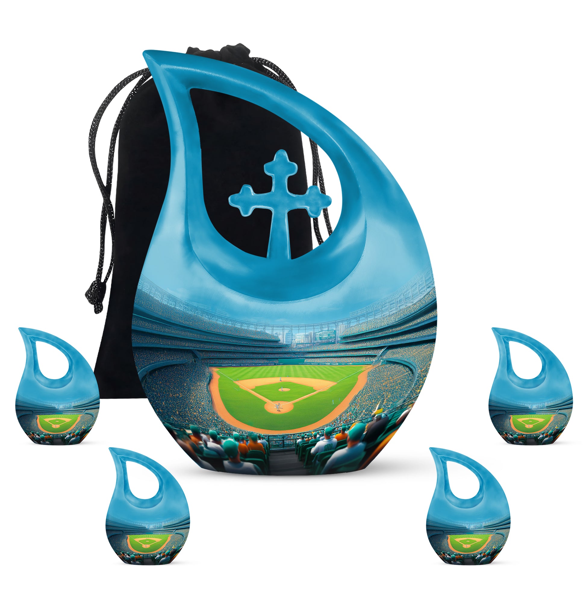 Icy Blue Baseball Cremation Urn urn with complimentary velvet bag - cross and baseball combined in spiritual memorial design - memorial set with one large and four small urns