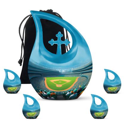 Icy Blue Baseball Cremation Urn urn with complimentary velvet bag - cross and baseball combined in spiritual memorial design - memorial set with one large and four small urns