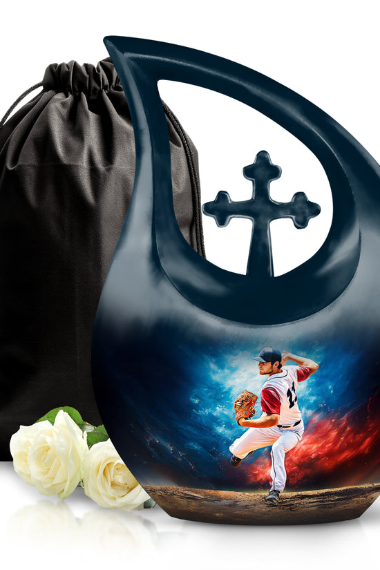 Sky Blue Baseball Cremation Urn top-down view of secure threaded lid - cross and baseball combined in spiritual memorial design - full-size 10 inch 200 cubic inch adult cremation urn