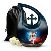 Sky Blue Baseball Cremation Urn top-down view of secure threaded lid - cross and baseball combined in spiritual memorial design - full-size 10 inch 200 cubic inch adult cremation urn