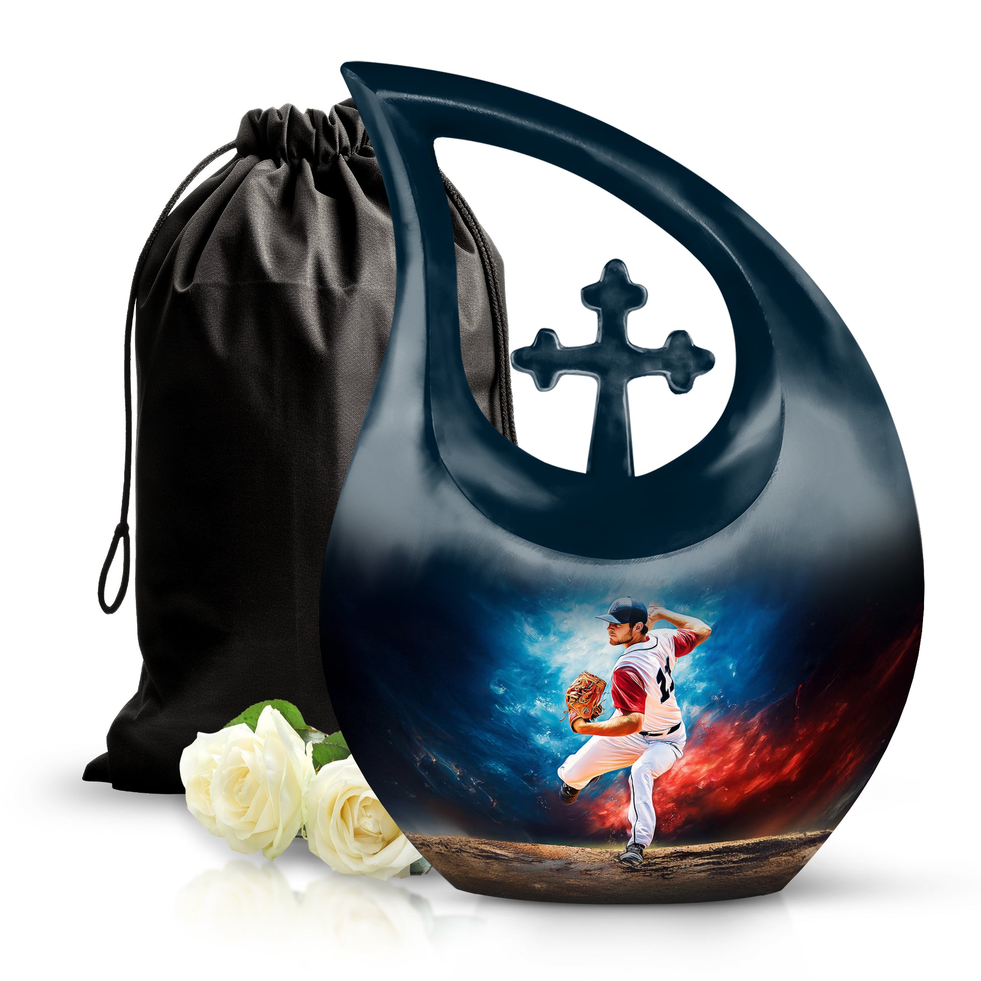 Sky Blue Baseball Cremation Urn top-down view of secure threaded lid - cross and baseball combined in spiritual memorial design - full-size 10 inch 200 cubic inch adult cremation urn