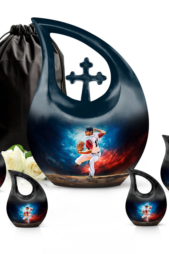 Pastel Blue Baseball Cremation Urn urn with complimentary velvet bag - cross and baseball combined in spiritual memorial design - memorial set with one large and four small urns