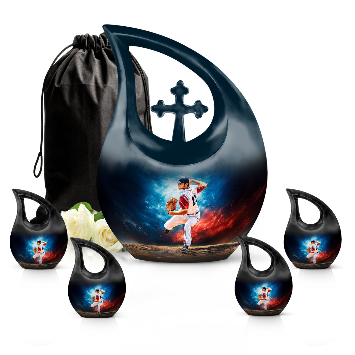 Pastel Blue Baseball Cremation Urn urn with complimentary velvet bag - cross and baseball combined in spiritual memorial design - memorial set with one large and four small urns