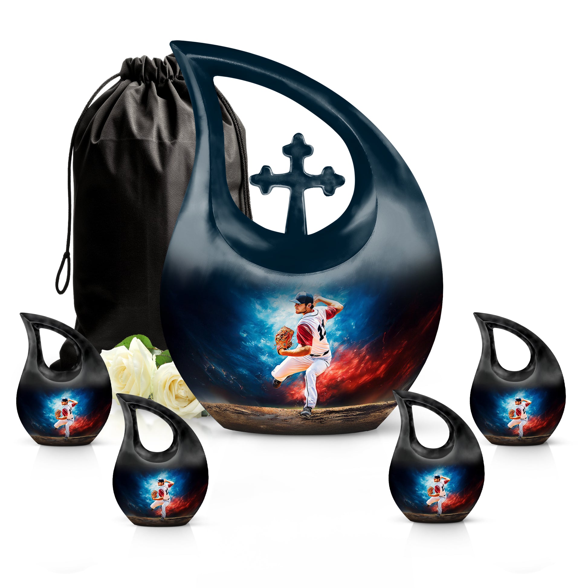 Pastel Blue Baseball Cremation Urn urn with complimentary velvet bag - cross and baseball combined in spiritual memorial design - memorial set with one large and four small urns