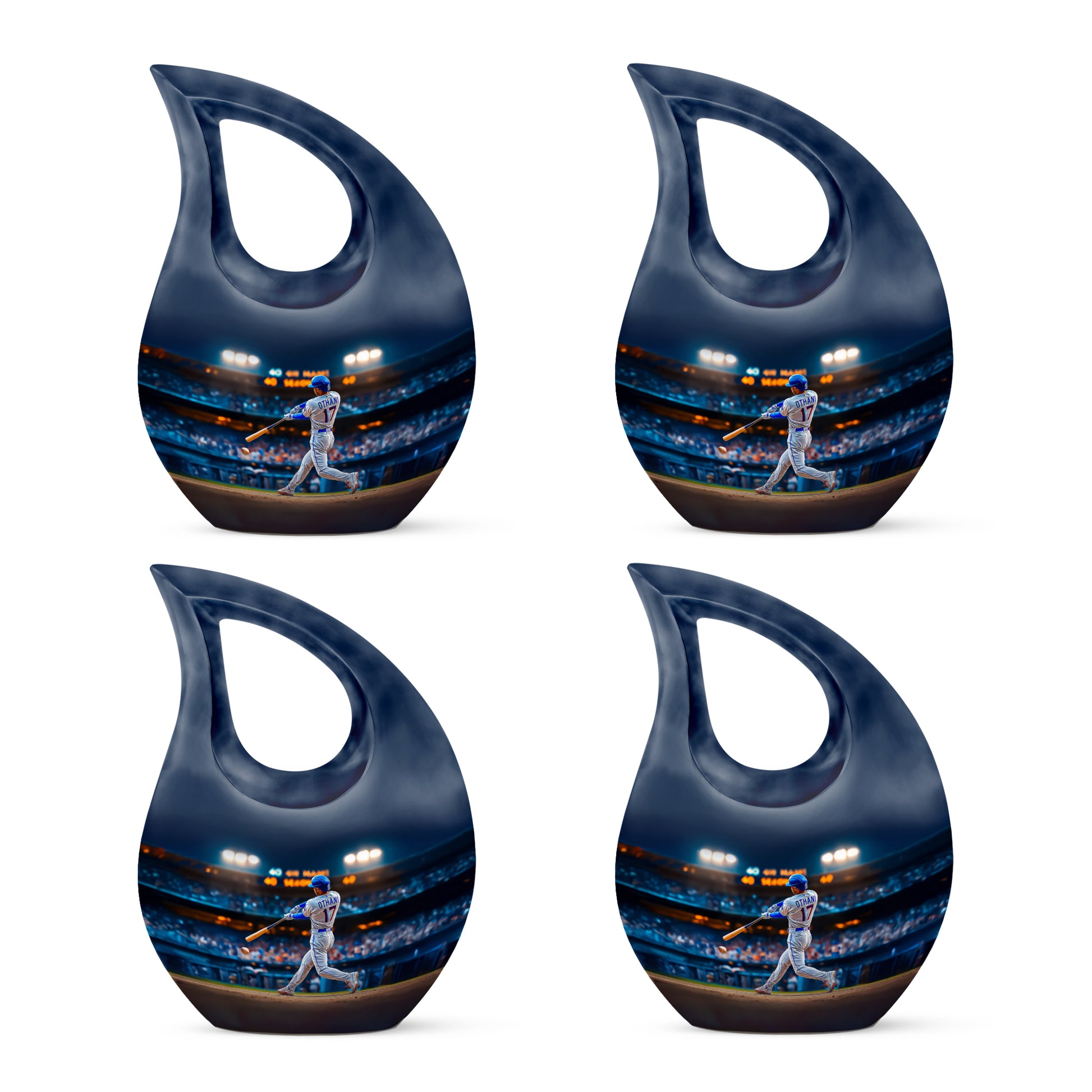 Navy Blue Baseball Cremation Urn lifestyle display on memorial shelf - cross and baseball combined in spiritual memorial design - 10 inch aluminum urn for cremated remains