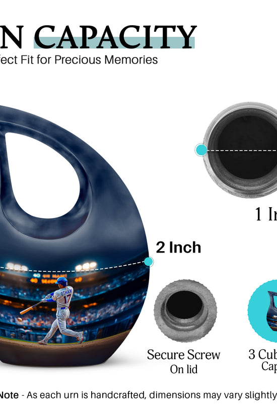 Cornflower Blue Baseball Cremation Urn back view with polished surface - faith-inspired cross-drop urn with baseball pattern - mini keepsake memorial for portion of cremation ashes