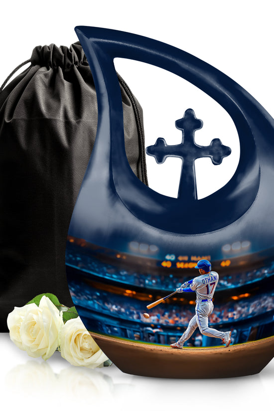 Slate Blue Baseball Cremation Urn top-down view of secure threaded lid - sacred cross merged with baseball motif on metal - full-size 10 inch 200 cubic inch adult cremation urn