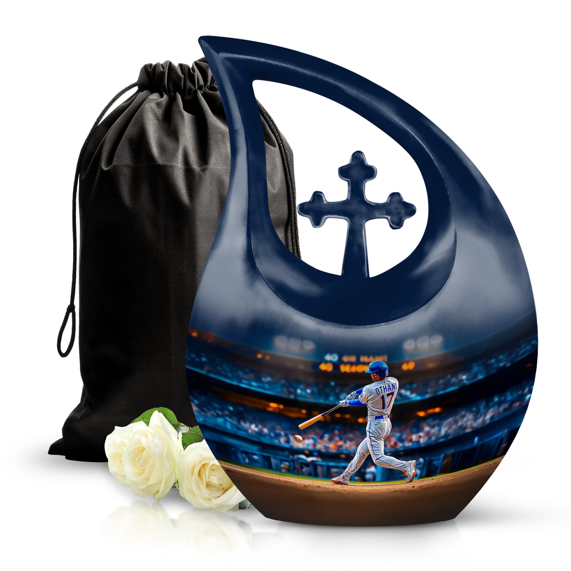Slate Blue Baseball Cremation Urn top-down view of secure threaded lid - sacred cross merged with baseball motif on metal - full-size 10 inch 200 cubic inch adult cremation urn