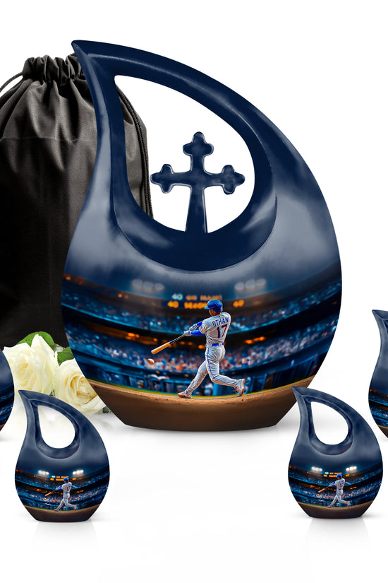 Twilight Blue Baseball Cremation Urn urn with complimentary velvet bag - devotional cross-drop baseball engraving - memorial set with one large and four small urns