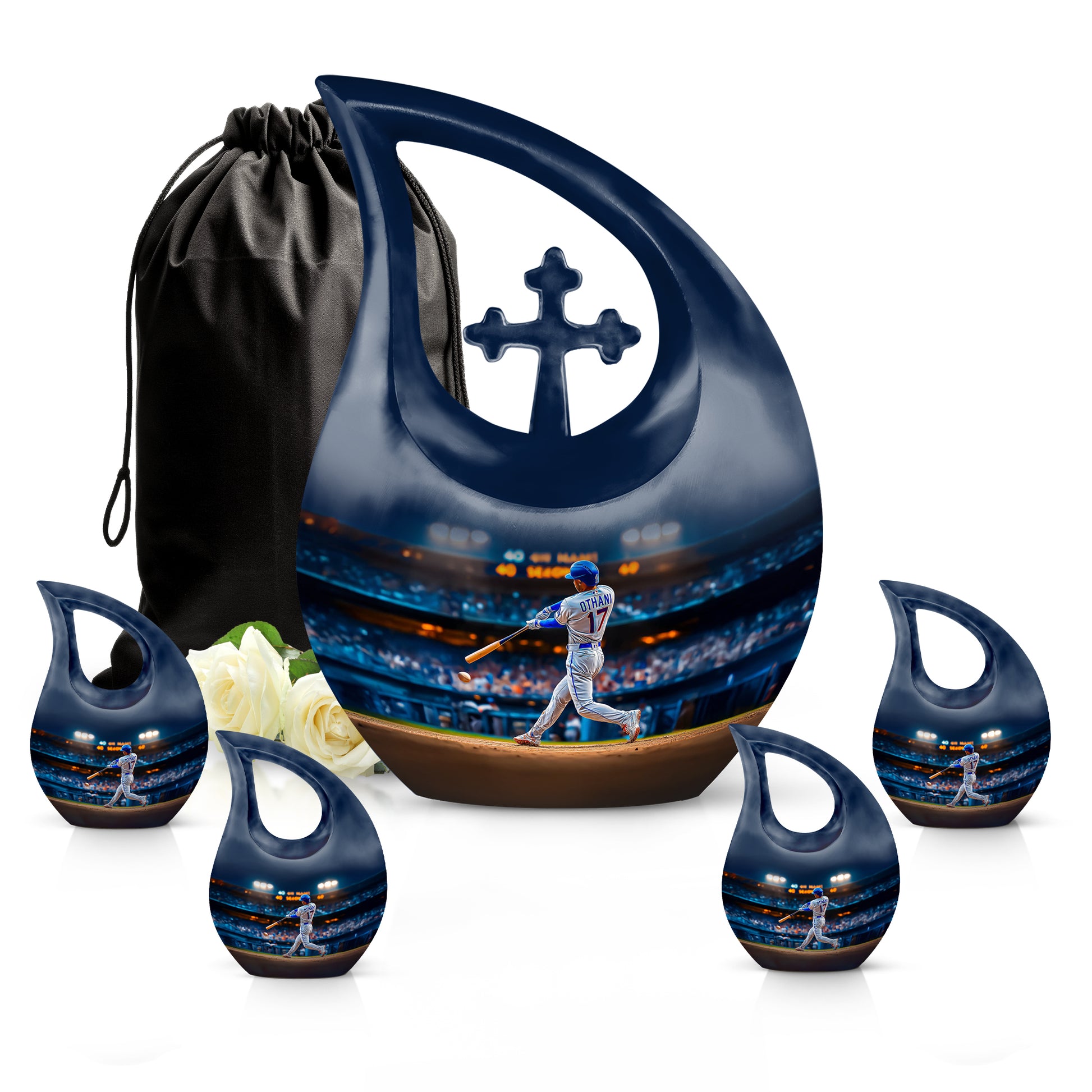 Twilight Blue Baseball Cremation Urn urn with complimentary velvet bag - devotional cross-drop baseball engraving - memorial set with one large and four small urns