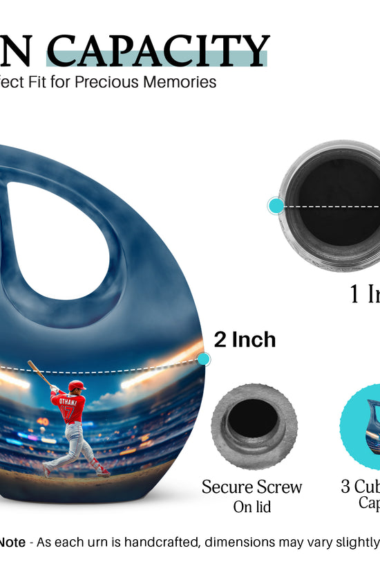 Cobalt Blue Baseball Cremation Urn back view with polished surface - devotional cross-drop baseball engraving - mini keepsake memorial for portion of cremation ashes
