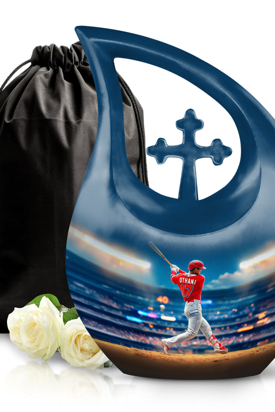 Sky Blue Baseball Cremation Urn top-down view of secure threaded lid - cross and baseball combined in spiritual memorial design - full-size 10 inch 200 cubic inch adult cremation urn
