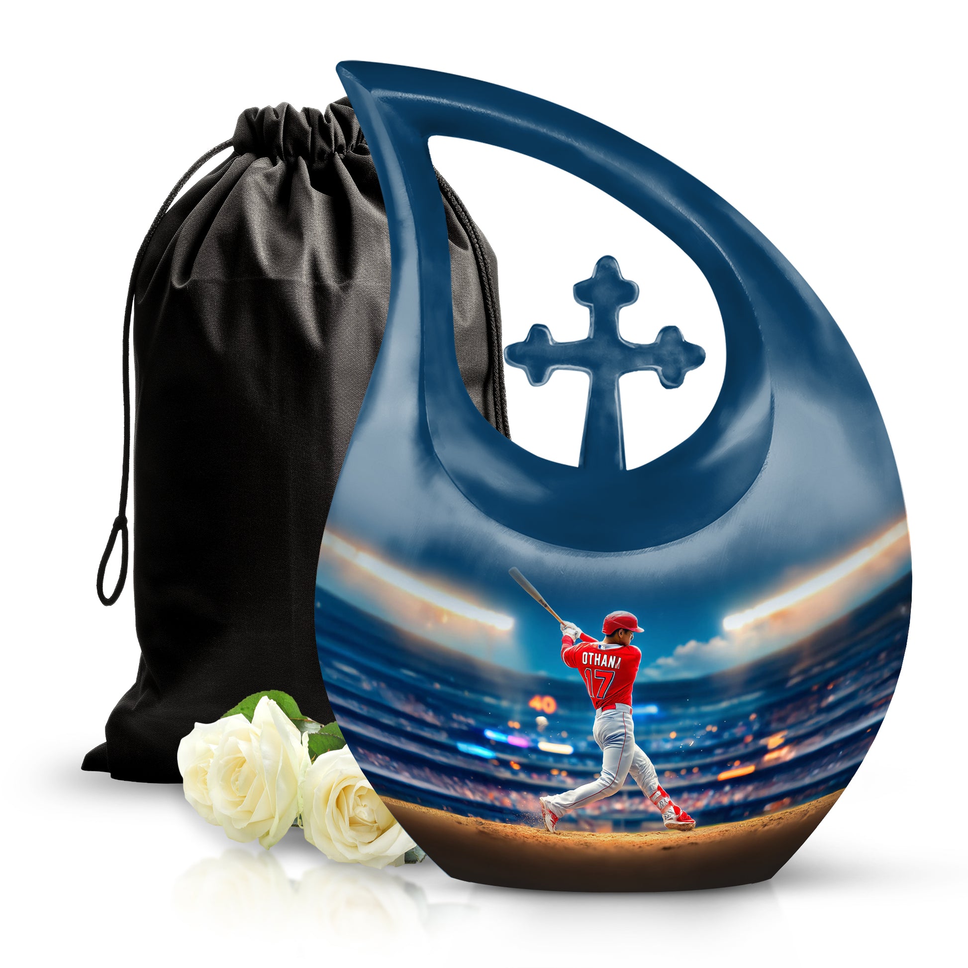 Sky Blue Baseball Cremation Urn top-down view of secure threaded lid - cross and baseball combined in spiritual memorial design - full-size 10 inch 200 cubic inch adult cremation urn