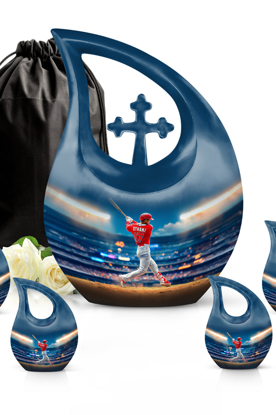 Cornflower Blue Baseball Cremation Urn urn with complimentary velvet bag - faith-inspired cross-drop urn with baseball pattern - memorial set with one large and four small urns
