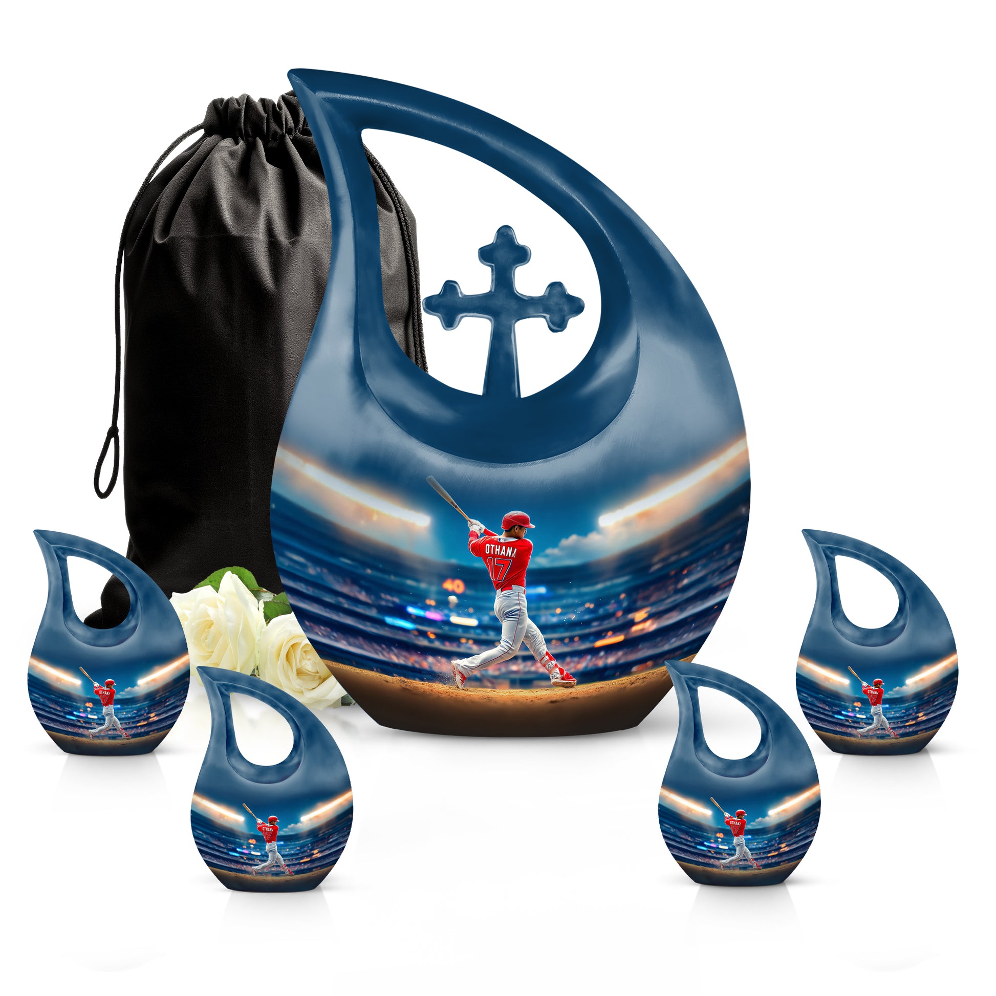 Cornflower Blue Baseball Cremation Urn urn with complimentary velvet bag - faith-inspired cross-drop urn with baseball pattern - memorial set with one large and four small urns