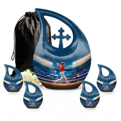 Cornflower Blue Baseball Cremation Urn urn with complimentary velvet bag - faith-inspired cross-drop urn with baseball pattern - memorial set with one large and four small urns