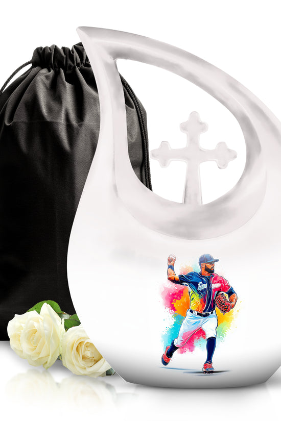 Cream White Baseball Cremation Urn top-down view of secure threaded lid - faith-inspired cross-drop urn with baseball pattern - full-size 10 inch 200 cubic inch adult cremation urn
