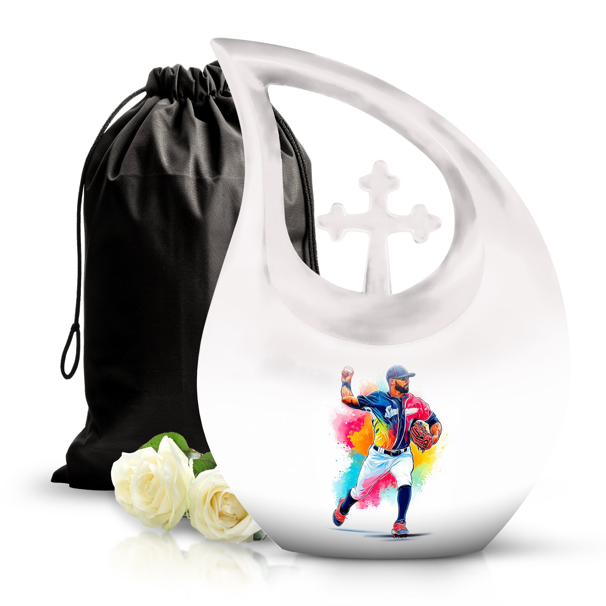 Cream White Baseball Cremation Urn top-down view of secure threaded lid - faith-inspired cross-drop urn with baseball pattern - full-size 10 inch 200 cubic inch adult cremation urn