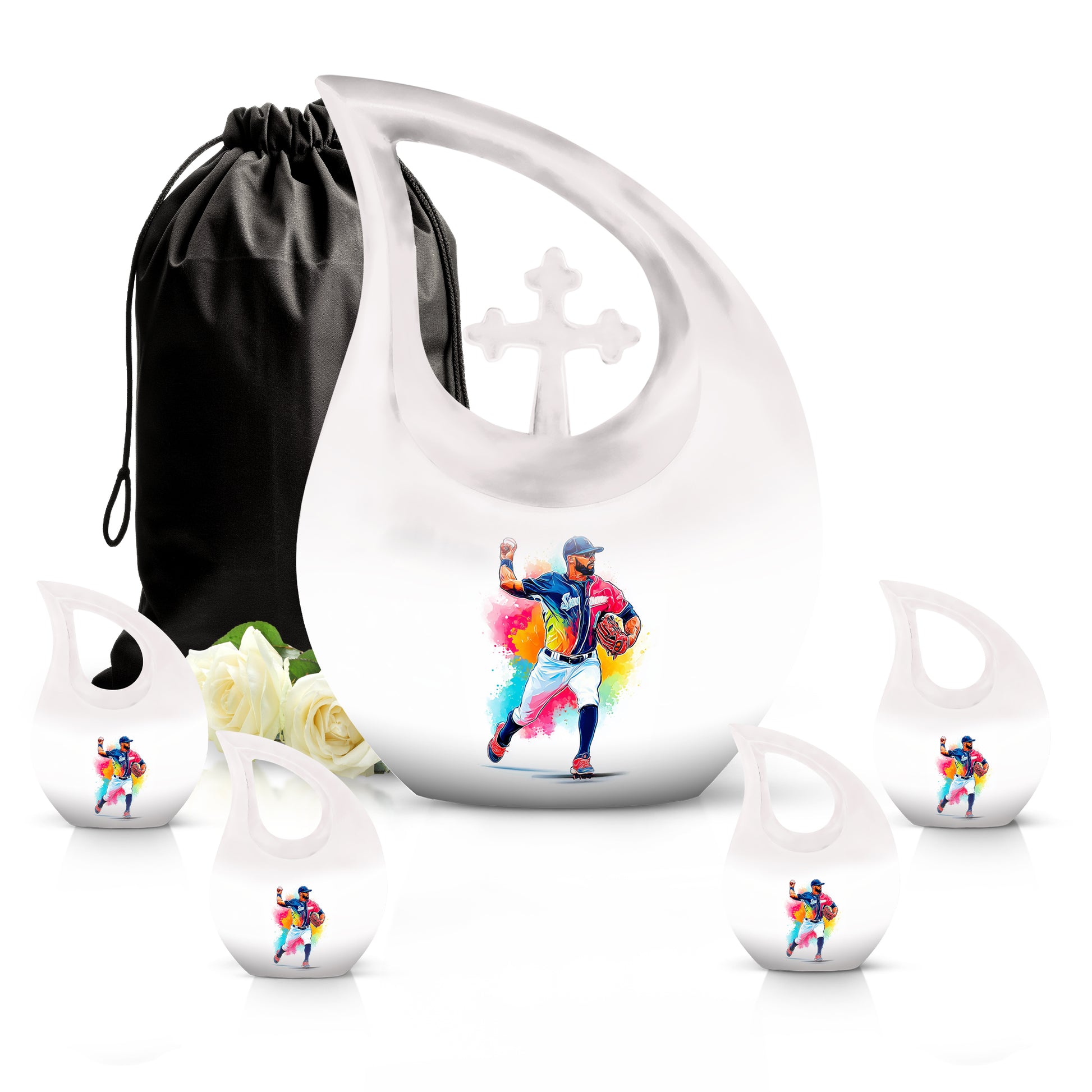 Ivory White Baseball Cremation Urn urn with complimentary velvet bag - cross and baseball combined in spiritual memorial design - memorial set with one large and four small urns