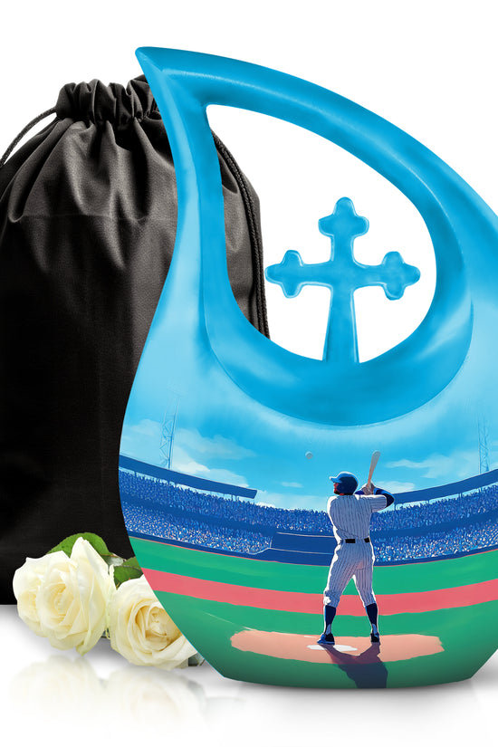 Powder Blue Baseball Cremation Urn top-down view of secure threaded lid - cross and baseball combined in spiritual memorial design - full-size 10 inch 200 cubic inch adult cremation urn