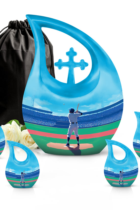 Celestial Blue Baseball Cremation Urn urn with complimentary velvet bag - cross and baseball combined in spiritual memorial design - memorial set with one large and four small urns
