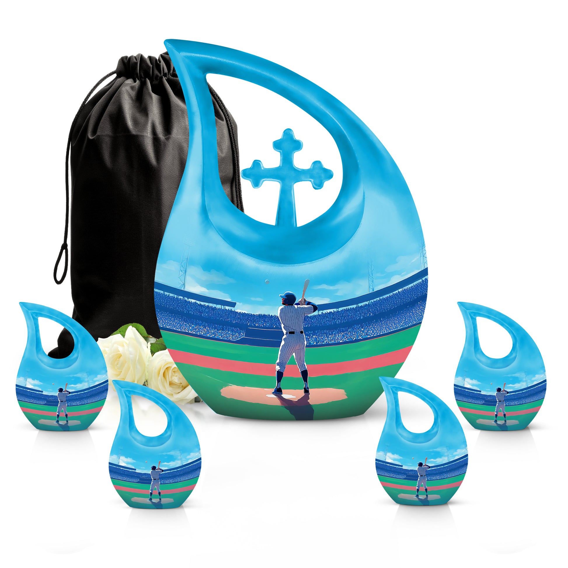 Celestial Blue Baseball Cremation Urn urn with complimentary velvet bag - cross and baseball combined in spiritual memorial design - memorial set with one large and four small urns