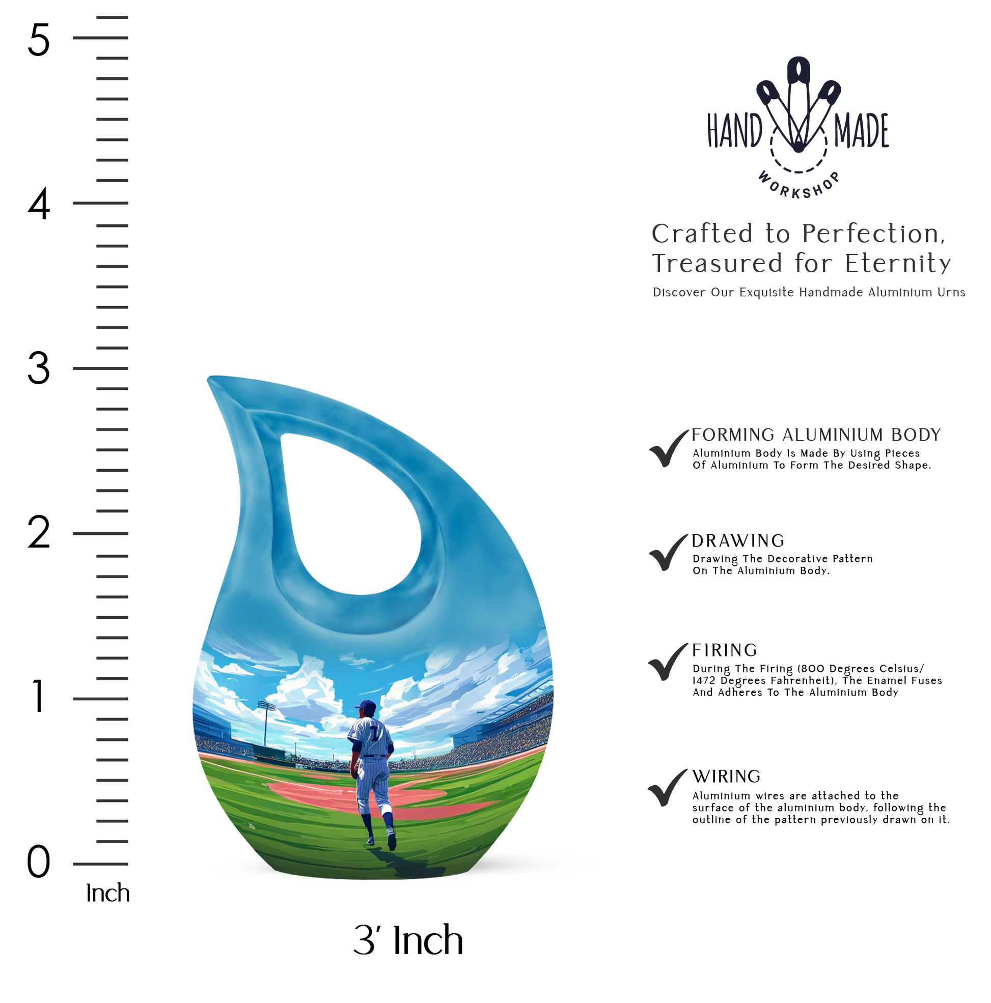 Celestial Blue Baseball Cremation Urn back view with polished surface - sacred cross merged with baseball motif on metal - mini keepsake memorial for portion of cremation ashes