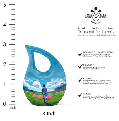 Celestial Blue Baseball Cremation Urn back view with polished surface - sacred cross merged with baseball motif on metal - mini keepsake memorial for portion of cremation ashes