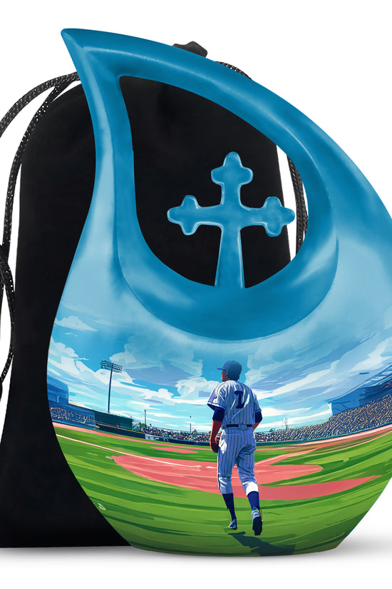 Slate Blue Baseball Cremation Urn top-down view of secure threaded lid - cross and baseball combined in spiritual memorial design - full-size 10 inch 200 cubic inch adult cremation urn