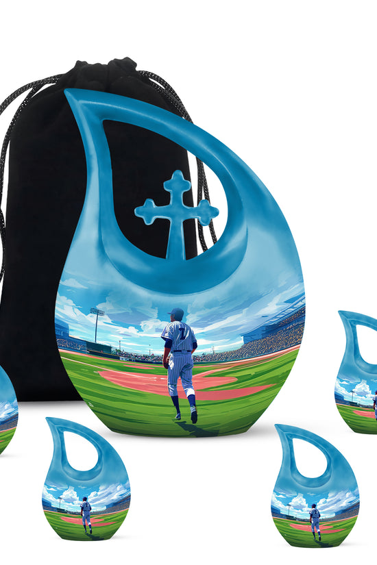 Powder Blue Baseball Cremation Urn urn with complimentary velvet bag - cross and baseball combined in spiritual memorial design - memorial set with one large and four small urns