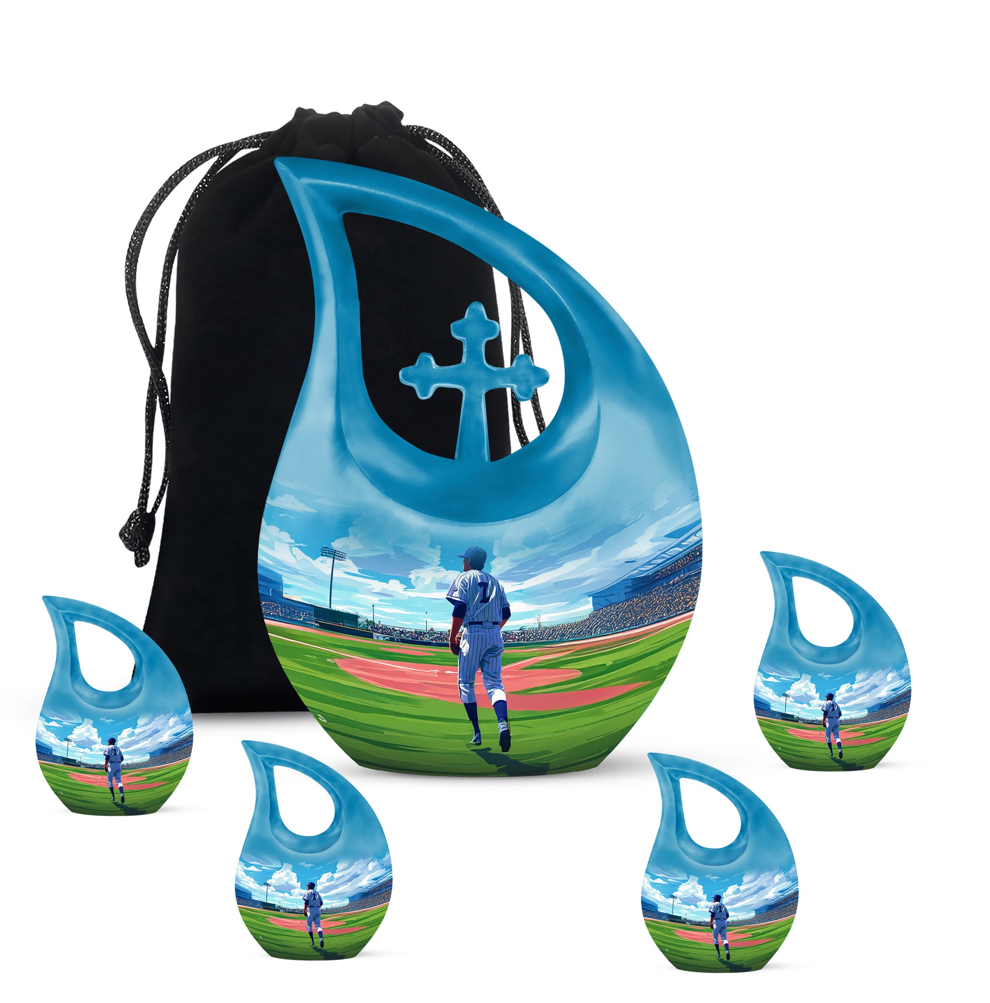 Powder Blue Baseball Cremation Urn urn with complimentary velvet bag - cross and baseball combined in spiritual memorial design - memorial set with one large and four small urns
