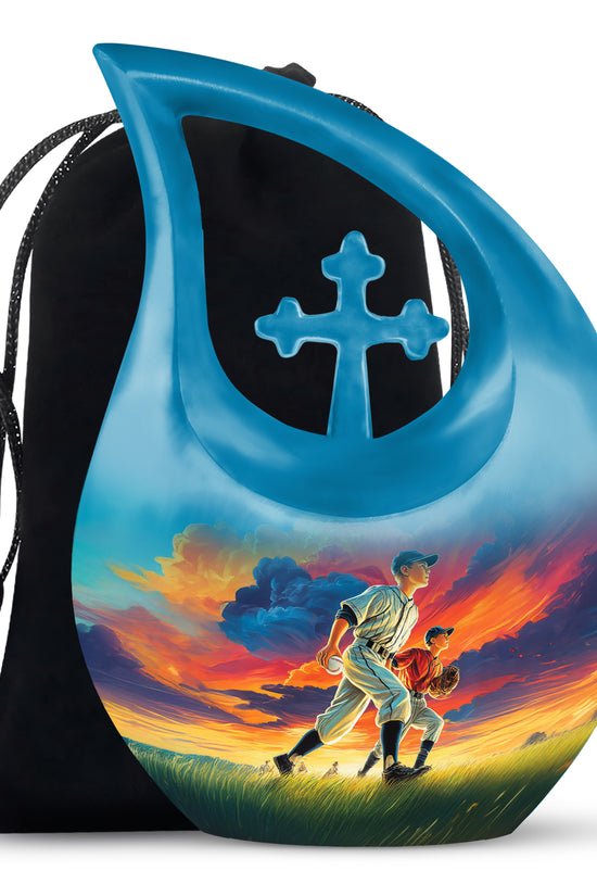 Calming Blue Baseball Cremation Urn top-down view of secure threaded lid - faith-inspired cross-drop urn with baseball pattern - full-size 10 inch 200 cubic inch adult cremation urn