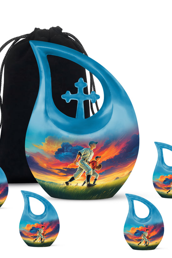 Azure Baseball Cremation Urn urn with complimentary velvet bag - cross and baseball combined in spiritual memorial design - memorial set with one large and four small urns