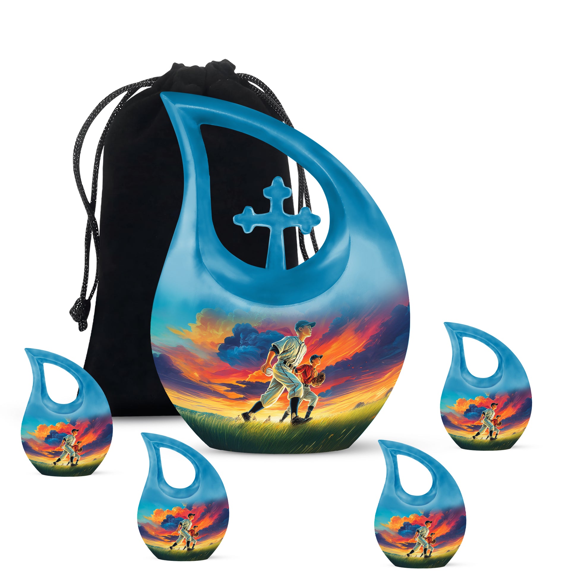 Azure Baseball Cremation Urn urn with complimentary velvet bag - cross and baseball combined in spiritual memorial design - memorial set with one large and four small urns