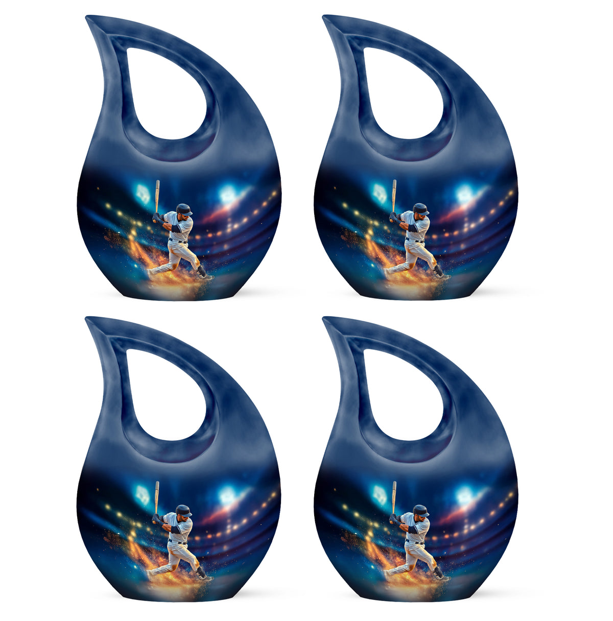 Slate Blue Baseball Cremation Urn lifestyle display on memorial shelf - sacred cross merged with baseball motif on metal - 10 inch aluminum urn for cremated remains