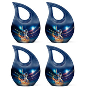 Slate Blue Baseball Cremation Urn lifestyle display on memorial shelf - sacred cross merged with baseball motif on metal - 10 inch aluminum urn for cremated remains