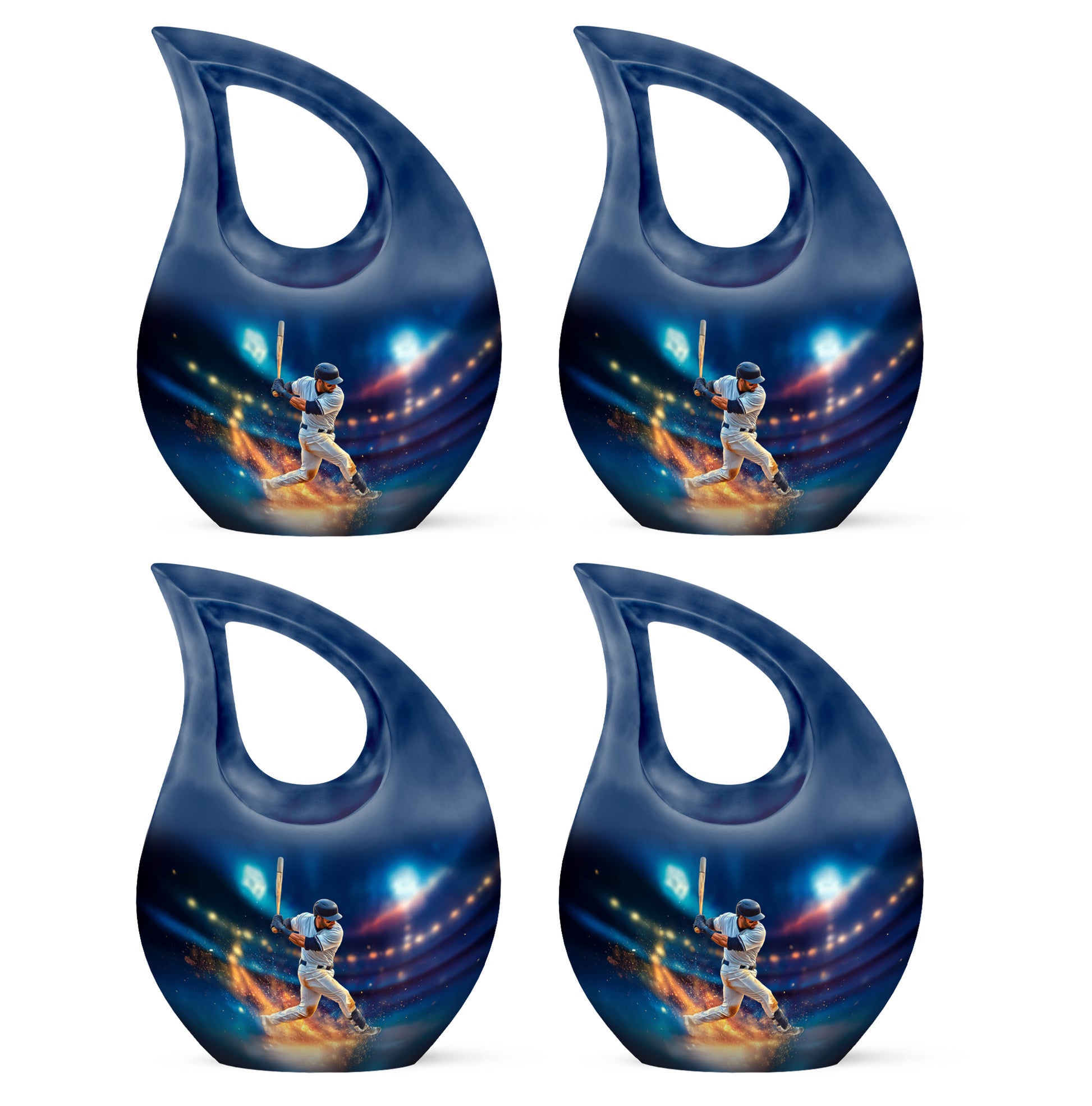 Slate Blue Baseball Cremation Urn lifestyle display on memorial shelf - sacred cross merged with baseball motif on metal - 10 inch aluminum urn for cremated remains