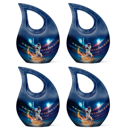 Slate Blue Baseball Cremation Urn lifestyle display on memorial shelf - sacred cross merged with baseball motif on metal - 10 inch aluminum urn for cremated remains