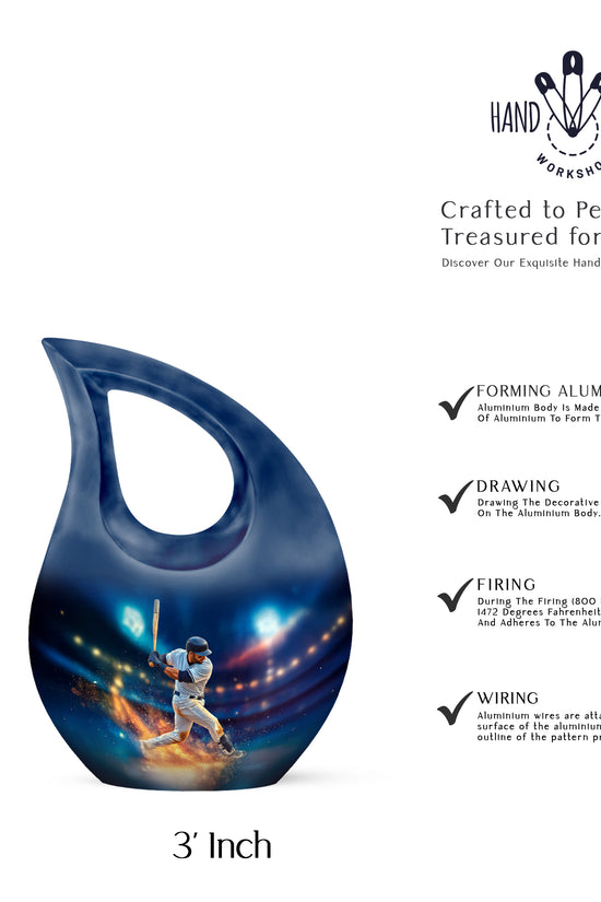 Misty Blue Baseball Cremation Urn back view with polished surface - cross and baseball combined in spiritual memorial design - mini keepsake memorial for portion of cremation ashes