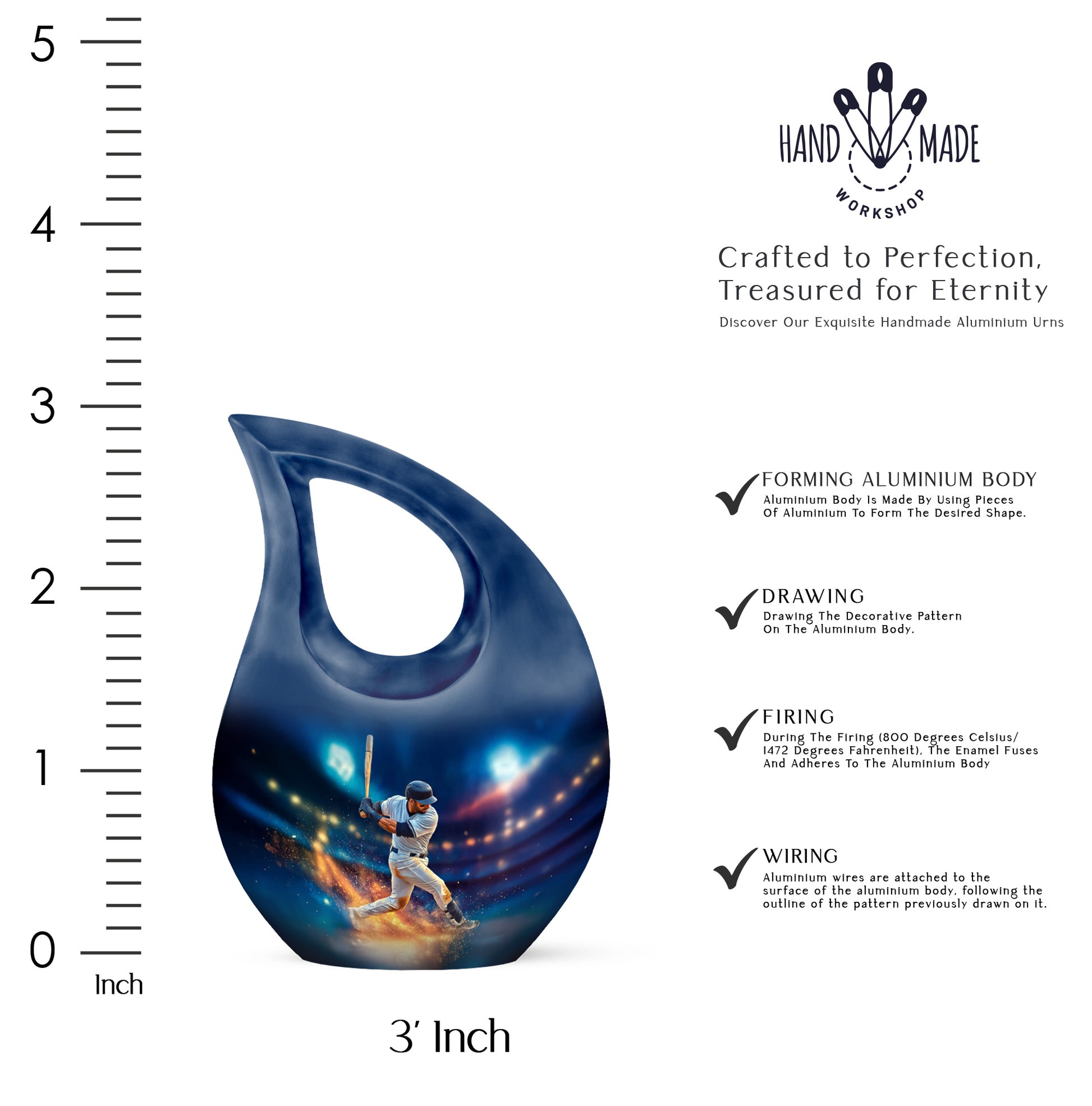 Misty Blue Baseball Cremation Urn back view with polished surface - cross and baseball combined in spiritual memorial design - mini keepsake memorial for portion of cremation ashes