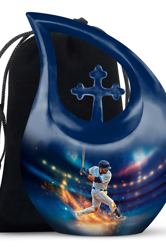 Calming Blue Baseball Cremation Urn top-down view of secure threaded lid - faith-inspired cross-drop urn with baseball pattern - full-size 10 inch 200 cubic inch adult cremation urn