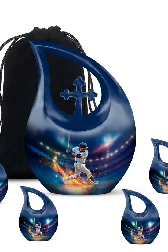 Misty Blue Baseball Cremation Urn urn with complimentary velvet bag - cross and baseball combined in spiritual memorial design - memorial set with one large and four small urns