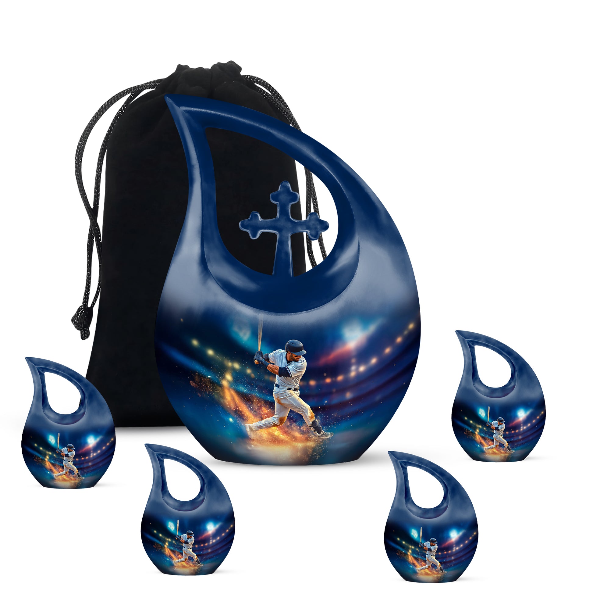 Misty Blue Baseball Cremation Urn urn with complimentary velvet bag - cross and baseball combined in spiritual memorial design - memorial set with one large and four small urns